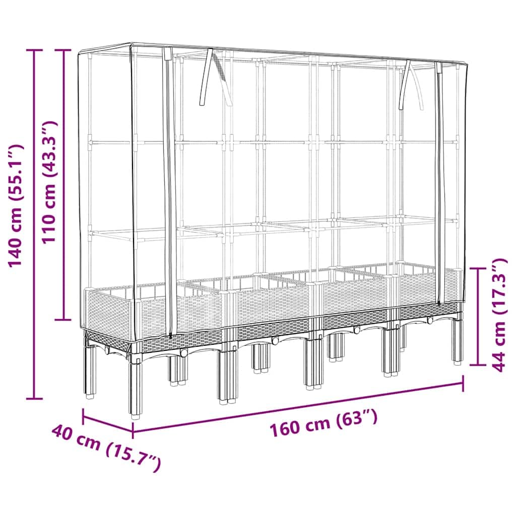 Jardinera con accesorio de invernadero en aspecto de ratán, 160 x 40 x 140 cm, resistente a la intemperie, para balcón, jardín, terraza, con accesorio impermeable, ideal para hierbas