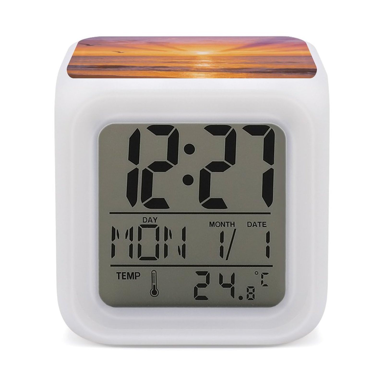 LZQPOEAS Ocean Sunset Alarm Clock with 7 Color Changing Nightlight for Bedroom Calendar Temperature Display Wake Up Digital Clock Small Desk Clocks for Heavy Sleepers Adults