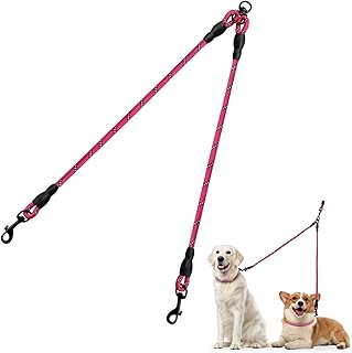 Taglory Doppelte Leinen/Hundeleine Doppelleine für 2 Hunde/Keine Verwicklung Reflektierend Kletterseil/Verstellbar Splitterleinen/75cm, ROSA
