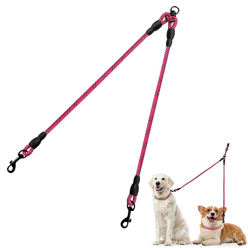 Guia Dupla para Cães Taglory com Giro 360°, Corda Refletiva de Nylon, Rosa, 76,2 cm, Pacote com 1
