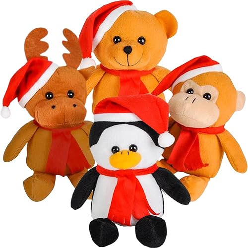 ArtCreativity Surtido de animales de Navidad, juego de 4 peluches de Navidad, animales de peluche de Navidad para niños, incluye mono, oso, reno y