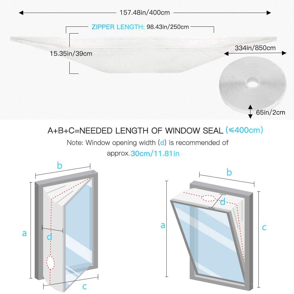AGPTEK 400CM Tissu de Calfeutrage Fenêtre pour Climatiseur Mobile Sèche-Linge et Déshumidificateurs, Kit Joint de Fenêtre Étanche Installation Facile avec Fermeture à Glissière et Ruban Adhésif