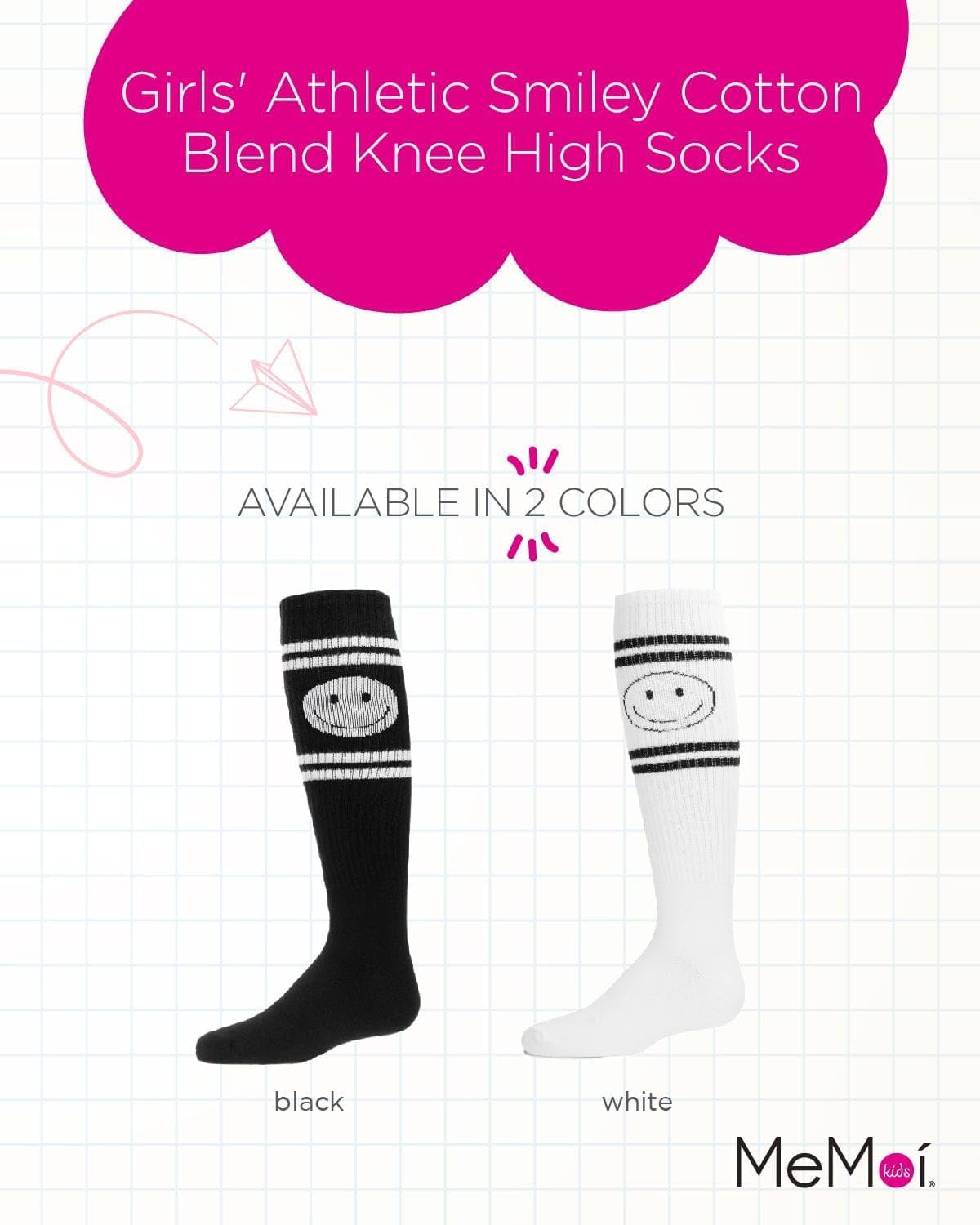 MeMoi Girls' Athletic Smiley Cotton Blend Knee High Socks