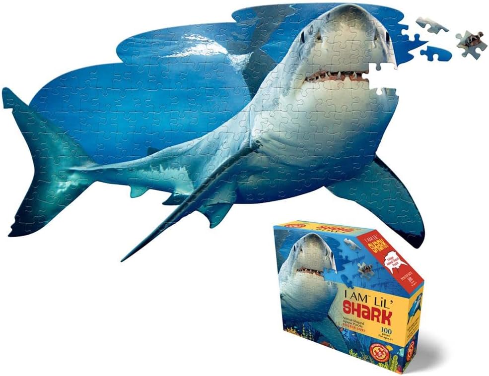 Madd Capp LiL' SHARK 100 Piece Jigsaw Puzzle For Ages 5+ - 4013 - Unique Animal-Shaped Border, Poster Size when completed, Oversized Puzzle Pieces For Easy Handling, Includes Educational Fun Facts
