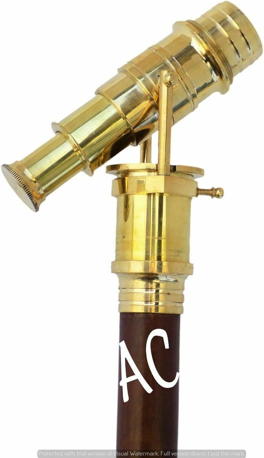 Vintage Walking Cane Brass Telescope Wooden Stick Hidden Spyglass Handle