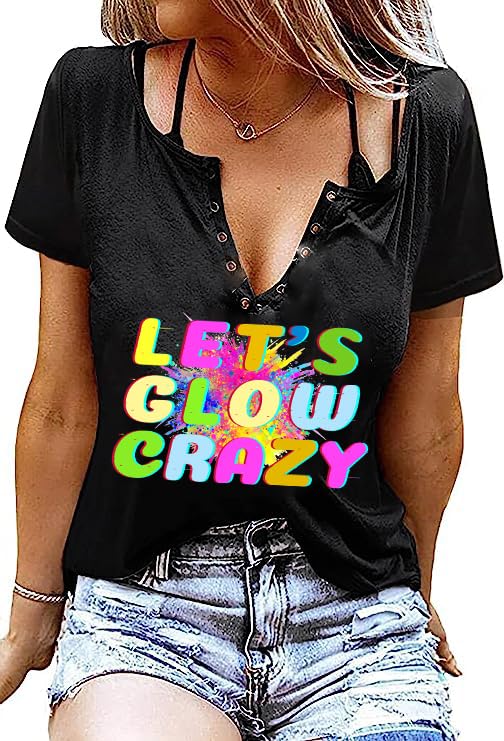 Let's Glow Crazy T-Shirt for Women Rock and Roll Style Short-Sleeve Vintage Colorful Letters 80's 90's Party Top