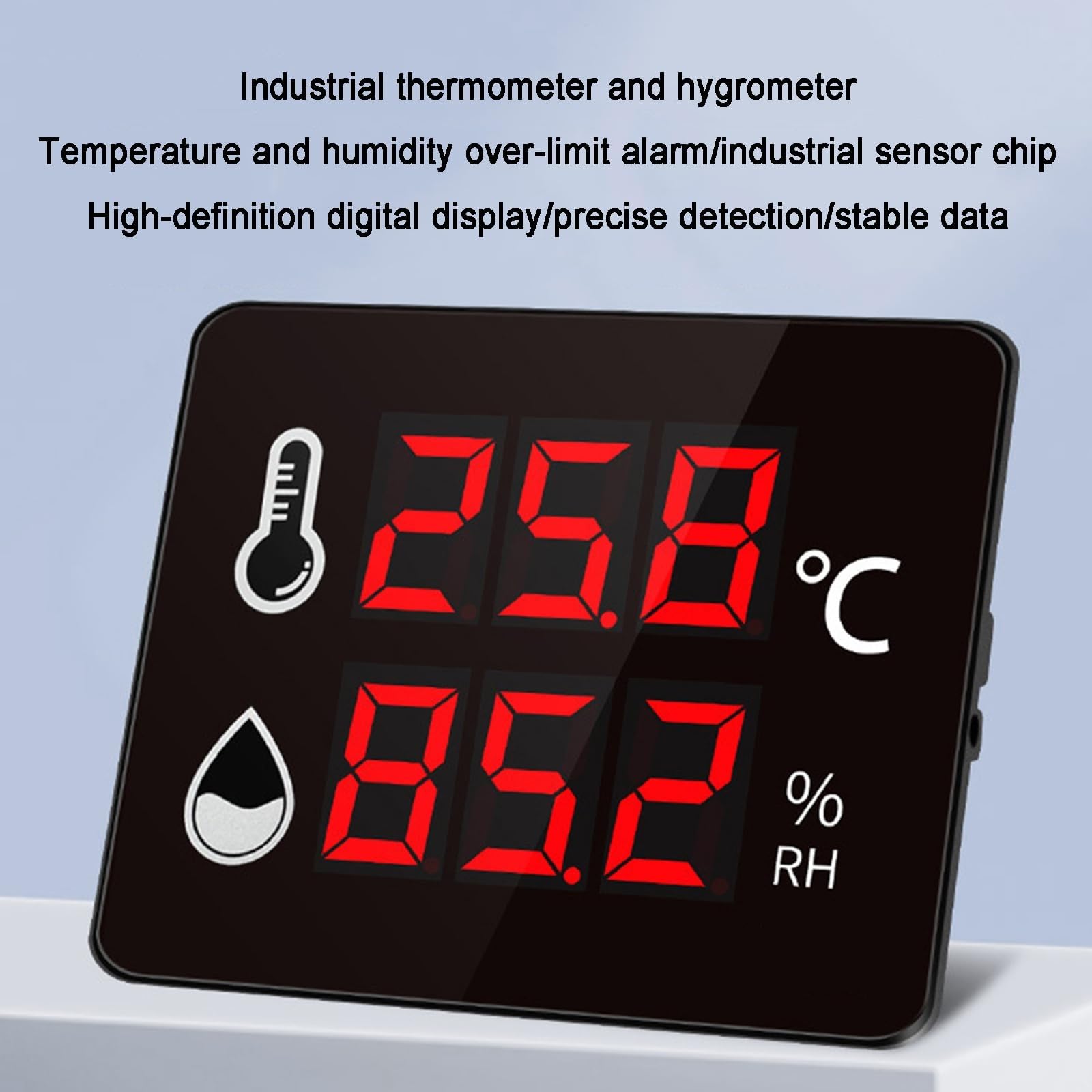 Termohigrómetro industrial y de laboratorio de alta precisión. Rango de temperatura: -40-100 °C, 0-99% HR. Incluye cabezal sensor de 3 m y límites superior e inferior configurables.
