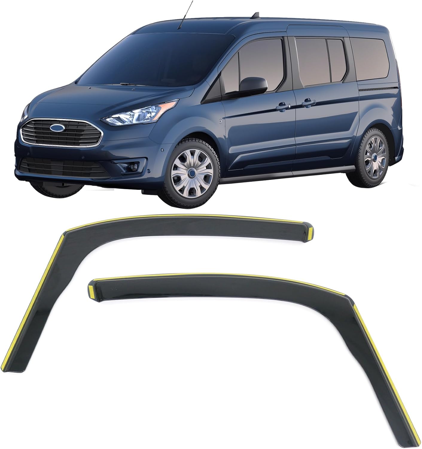IKON MOTORSPORTS in Channel Window Visors Compatible with 2014-2023 Ford Transit Connect, in Channel Style Injection PC Black Rain Guards, Side Window Wind Deflectors 2PCS