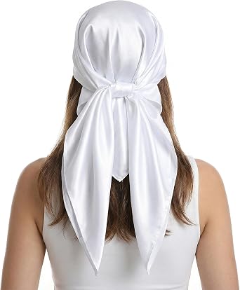 Xindojuz White Head Scarf for Women Girls, Silk Satin Neck Scarf for Hair Womens Scarves, Fashion Square Bandana Purse Scarves for Handbags Sleeping Wrapping at Night 35.4 Inch/90 cm