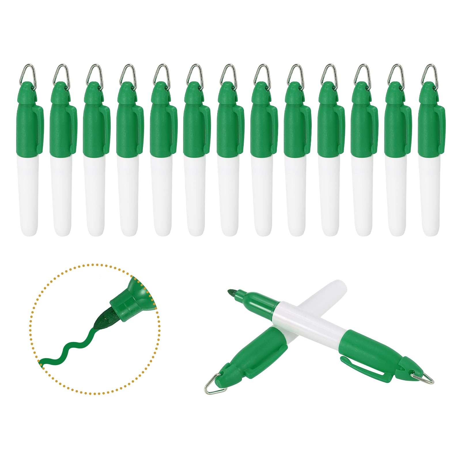 PATIKIL Round Point Mini Permanent Markers with Clips, 15 Pcs Golf Marker Pen with Keychain Clip for Office Supplies Outdoor Activities, Green