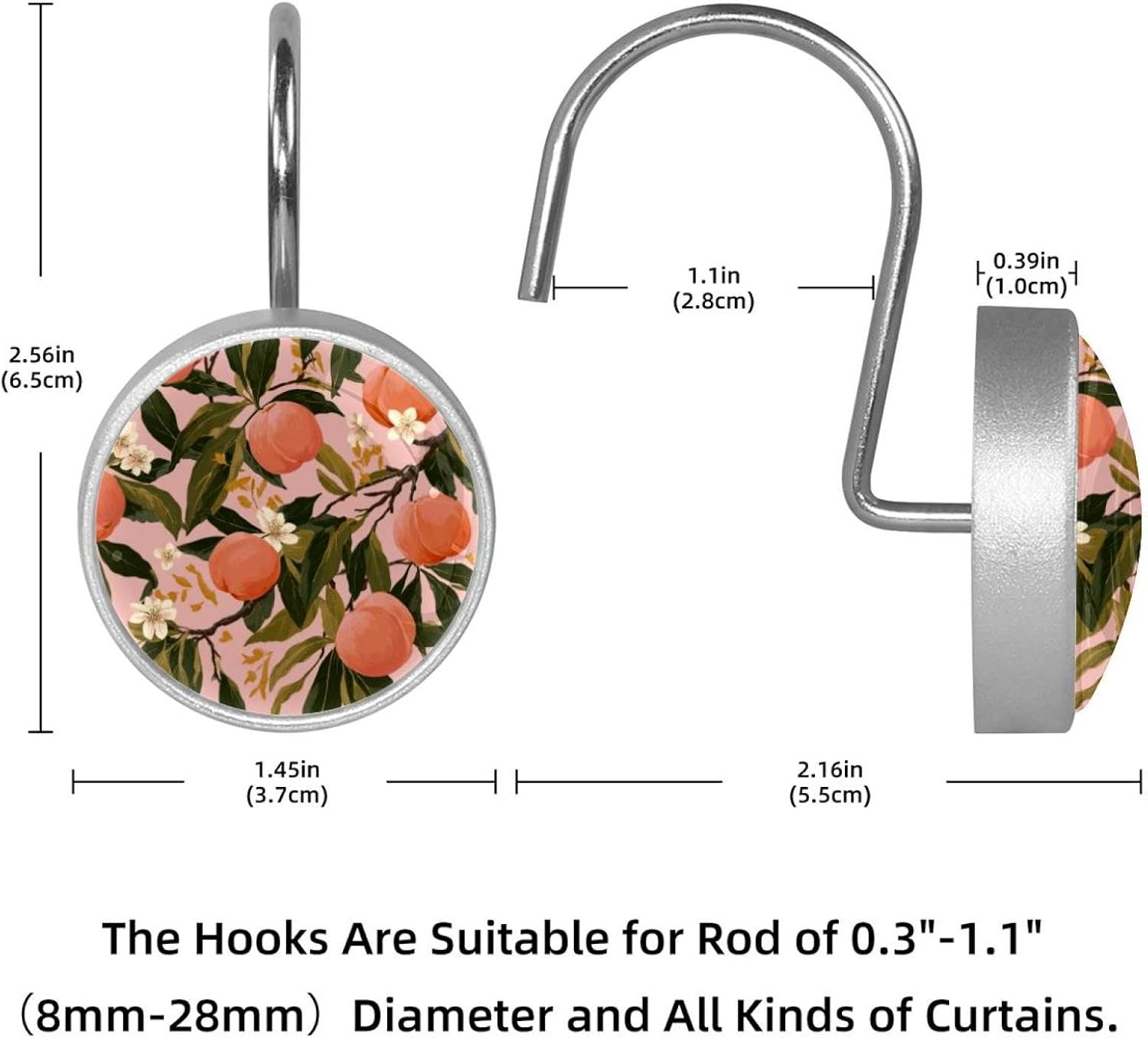 Pink Peach Pattern Shower Curtain Hooks, Rustproof Shower Curtain Rings for Bathroom, Stainless Steel Shower Hooks for Shower Curtain Rod, Decorative Shower Curtain Hangers Set of 12