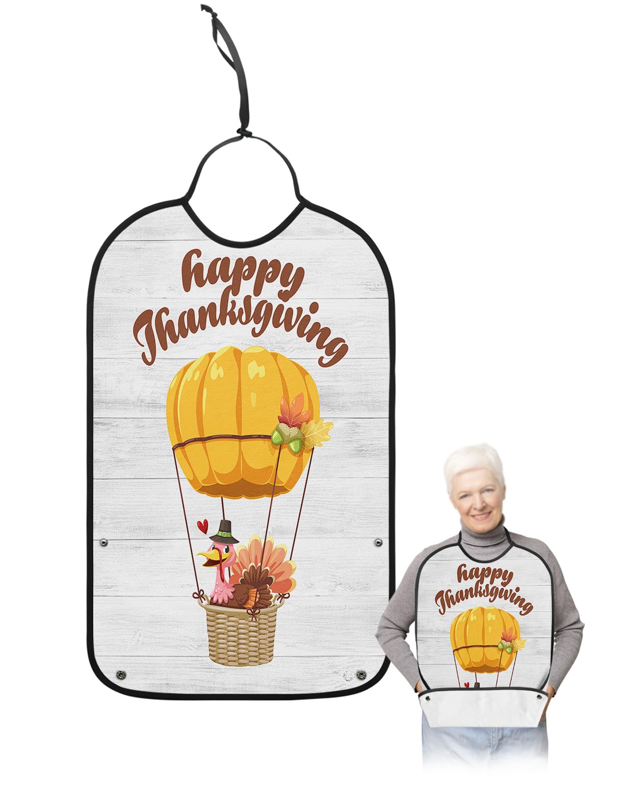 LEOKOTI Happy Thanksgiving Adult Bibs for Eating, Waterproof Bibs with Food Catcher & Adjustable Snap Closure, Turkey Pumpkin Rustic Wood Washable Clothing Protectors Adult Bibs for Elderly Women/Men