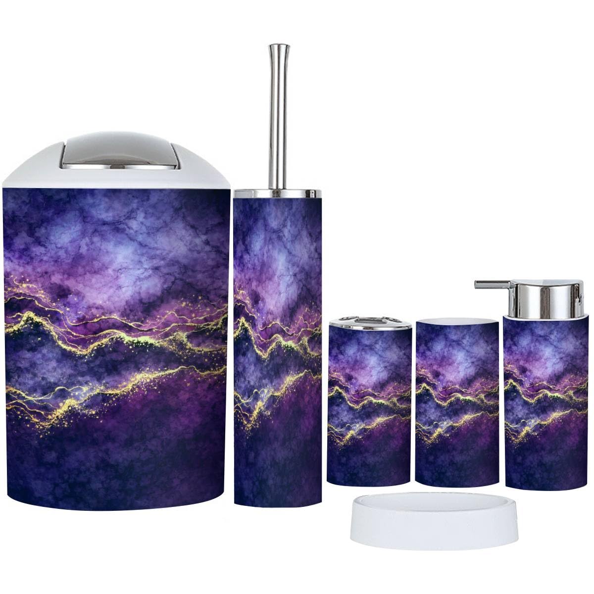Accesorios de baño morados y dorados para renovar el aseo y organizar cepillos