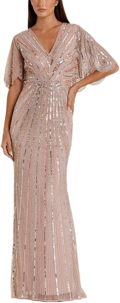 Sequined V-Neck Cape Sleeve Column Dress by Mac Duggal