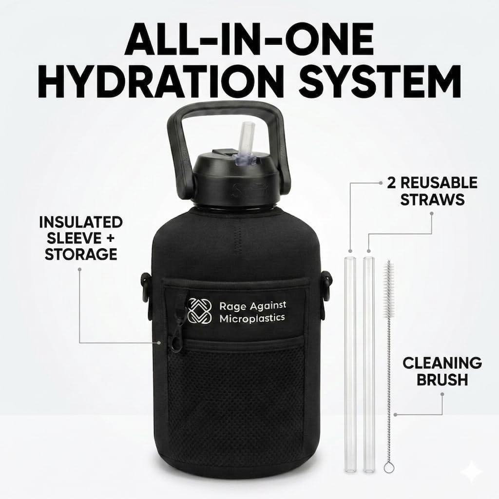Half Gallon Water Bottle WITH Sleeve & Accessories – 64oz / 2.2L Hydration Kit Bundle – Includes Straw, Cleaning Brush & Storage Pocket – Leakproof Gym Jug BPA-Free