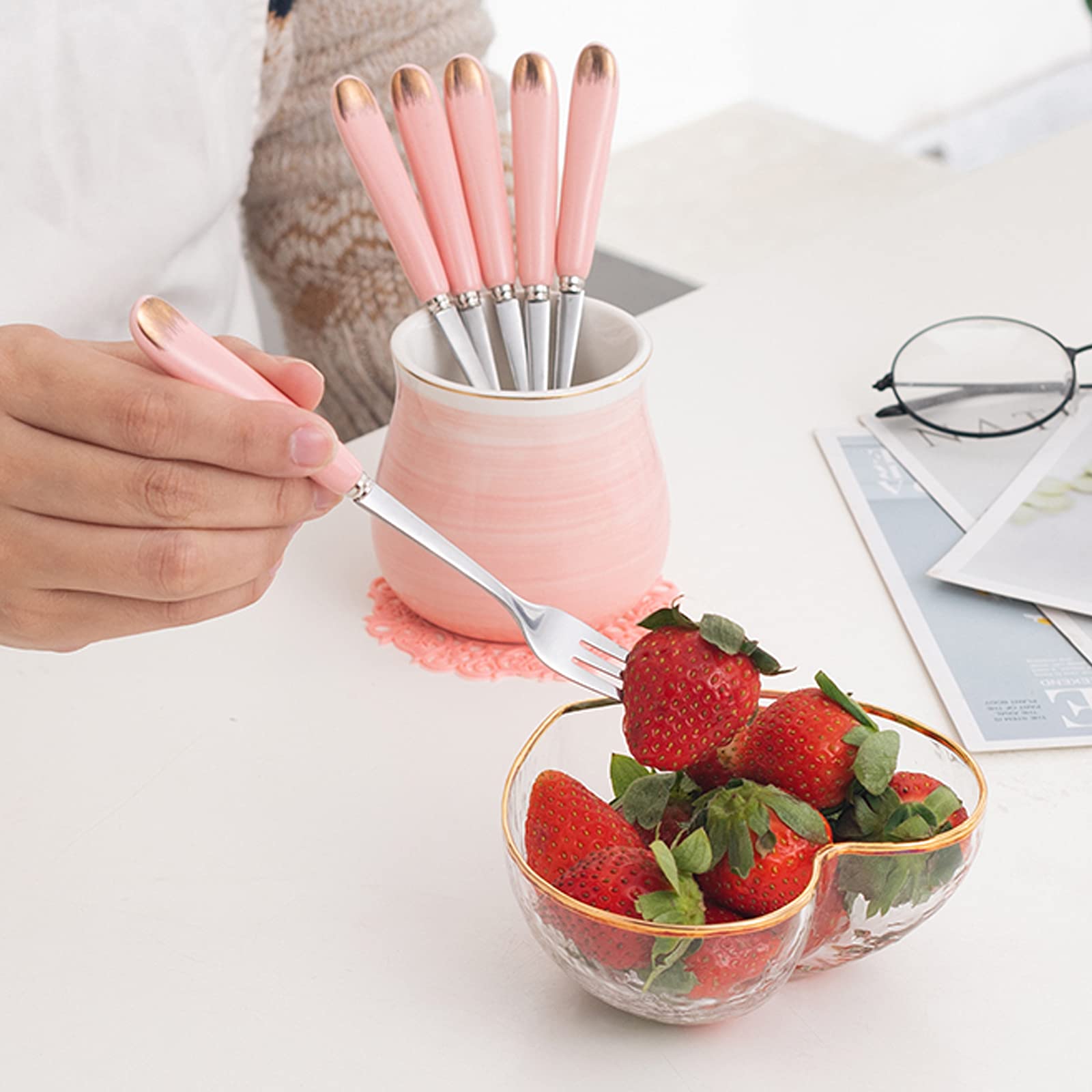 Exquisita cerámica, juego de tenedor y cuchara de acero inoxidable con mango de cerámica, juego de cuchara de tenedor de pastel de fruta de postre, tenedor de fruta de acero inoxidable, tenedor de ens