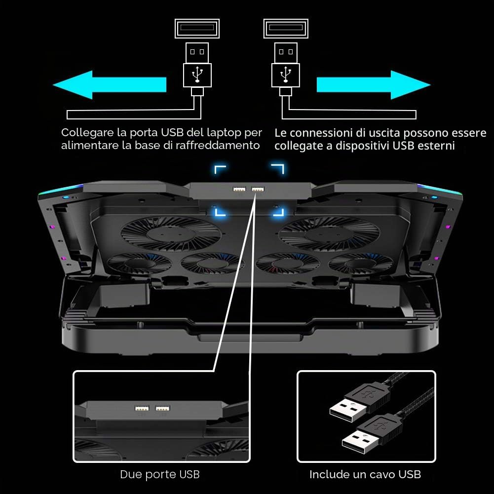 ICE COOREL Gaming Laptop Cooling Pad 15-17.3 pollici, ventola per laptop con 6 ventole di raffreddamento RGB, supporto di raffreddamento per laptop con 6 altezze regolabili, dispositivo di