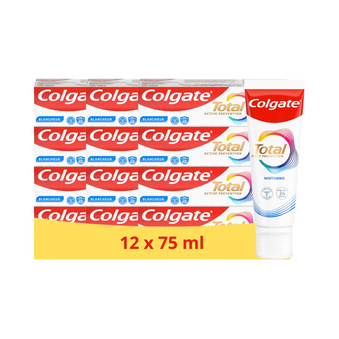Colgate - Total Prévention Dentifrice 24h Active Blancheur Naturelle - Réduit les taches de surface - 12x75ml