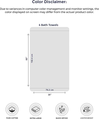Vista 26 de Tens Towels Paquete de 4 toallas de baño extragrandes de 30 x 60 pulgadas, 100% algodón, más grandes y ligeras, más rápidas de secar, súper suaves
