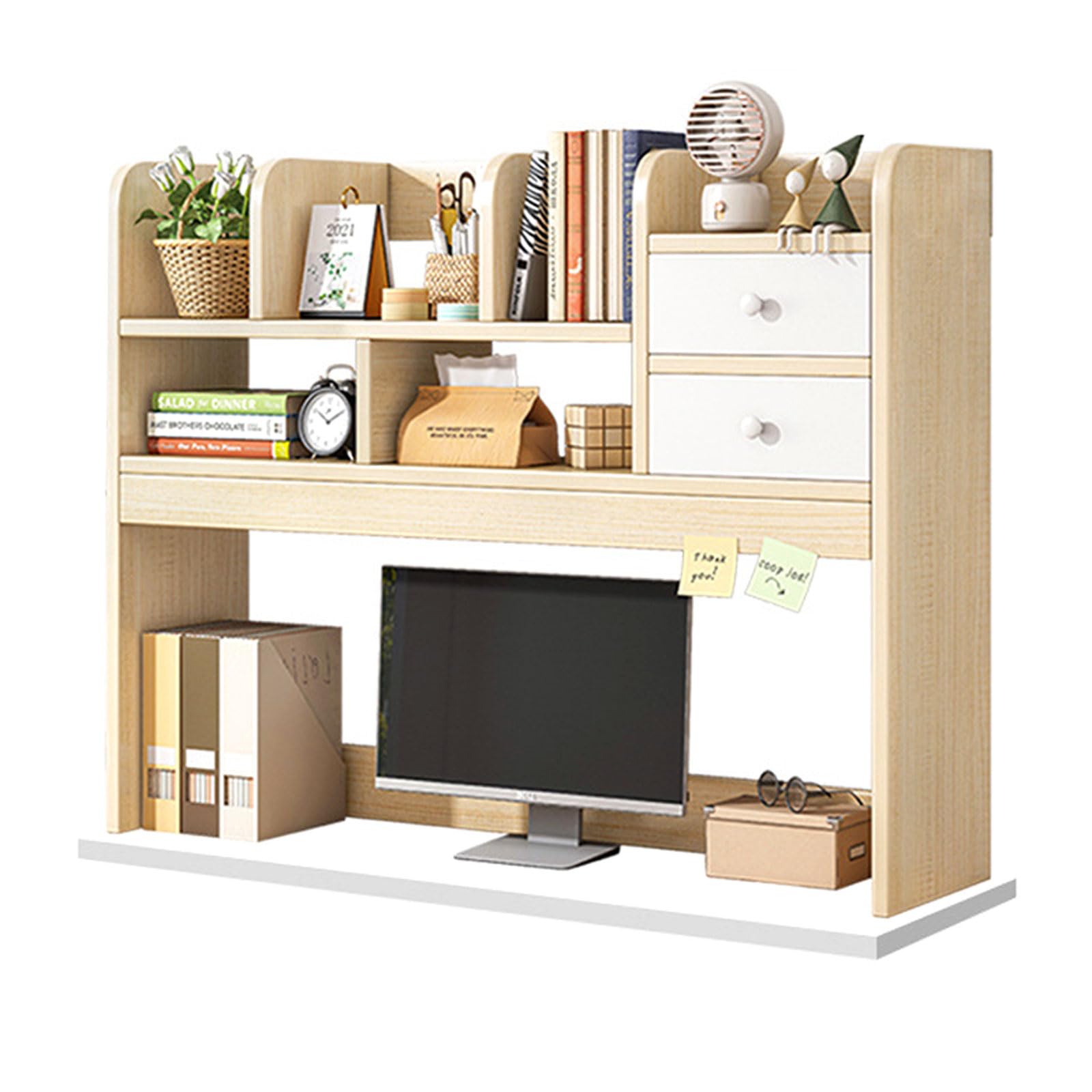 Schreibtischregal aus Holz mit Schubladen, multifunktionaler Aufbewahrungsschrank fürs Homeoffice, 62 x 17 x 30 cm – stilvolles Regal für die Arbeitsplatte, ideal für Studentenwohnheim und C