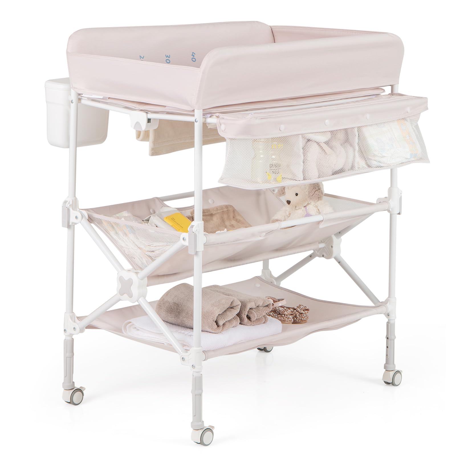 COSTWAY Fasciatoio Pieghevole Neonato, Fasciatoio Portatile con Altezza Regolabile, Comodino per Pannolini con Ruote di Bloccabili, 2 Ripiani, Porta Asciugamani, Cestino di Rifiuti (Beige)