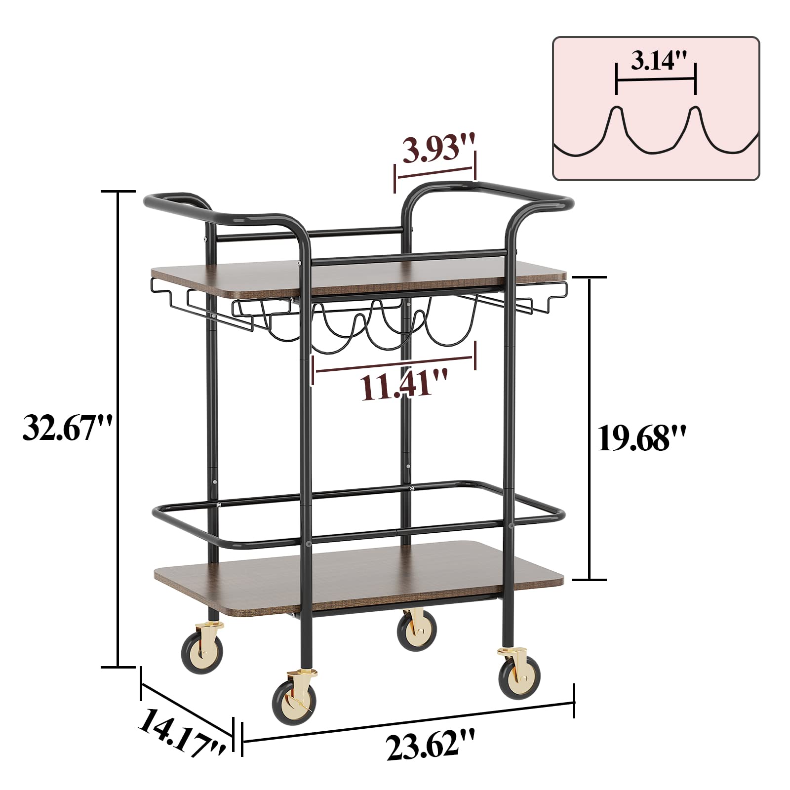 Wisdom Star 2 Tier Bar Cart with Wheels, Serving Cart with Wheels and 2 Handle, Outdoor Bar Cart for The Home with Wine Rack and Glass Holder, Kitchen Serving Cart for Home, Dining Room, Party, Black