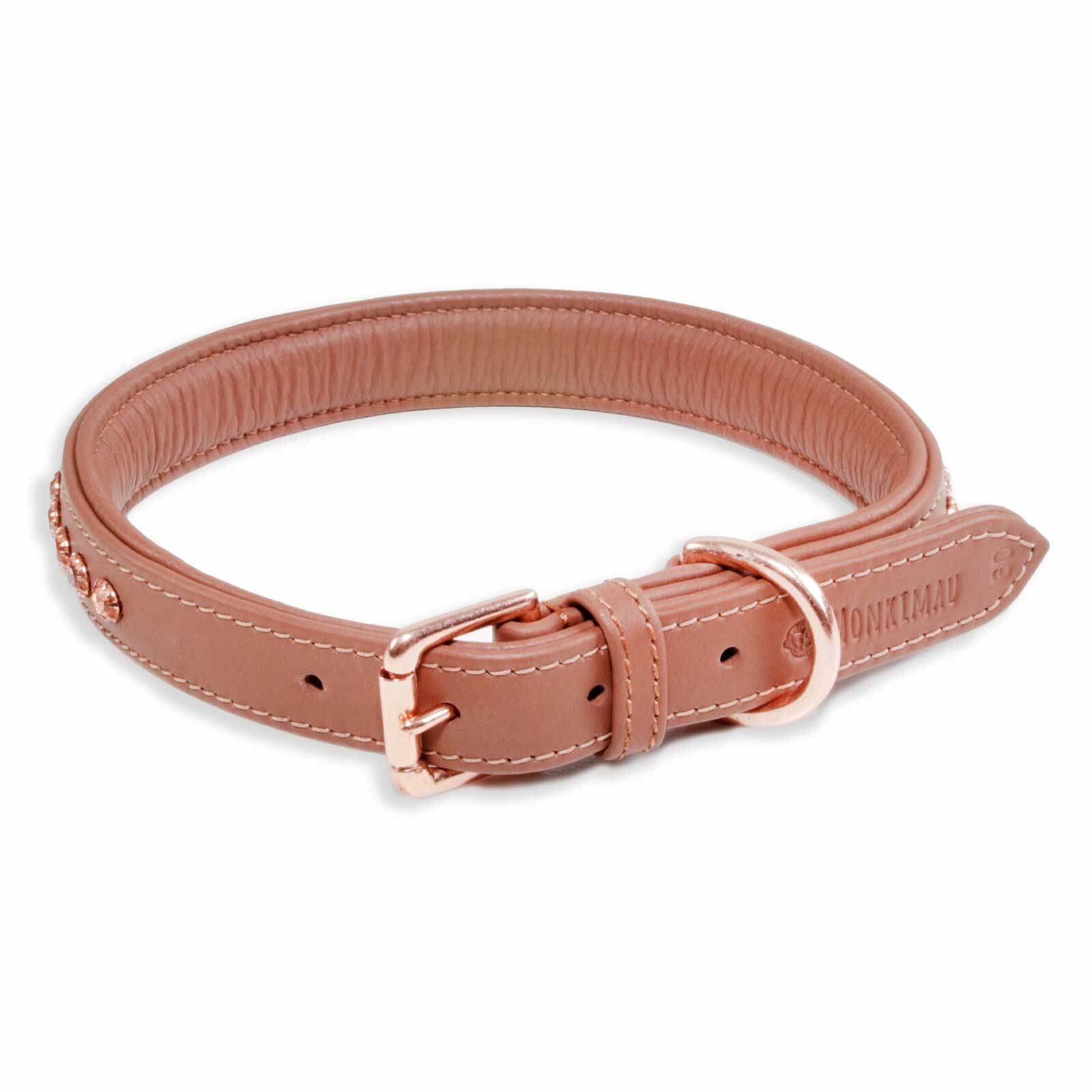 Monkimau Halsband Hund echt Leder Hunde Halsbänder braun gepolstert mit Kristallen Lederhalsband verstellbar Dog Collar Hundehalsband (XS-S: 20mm x 40cm)