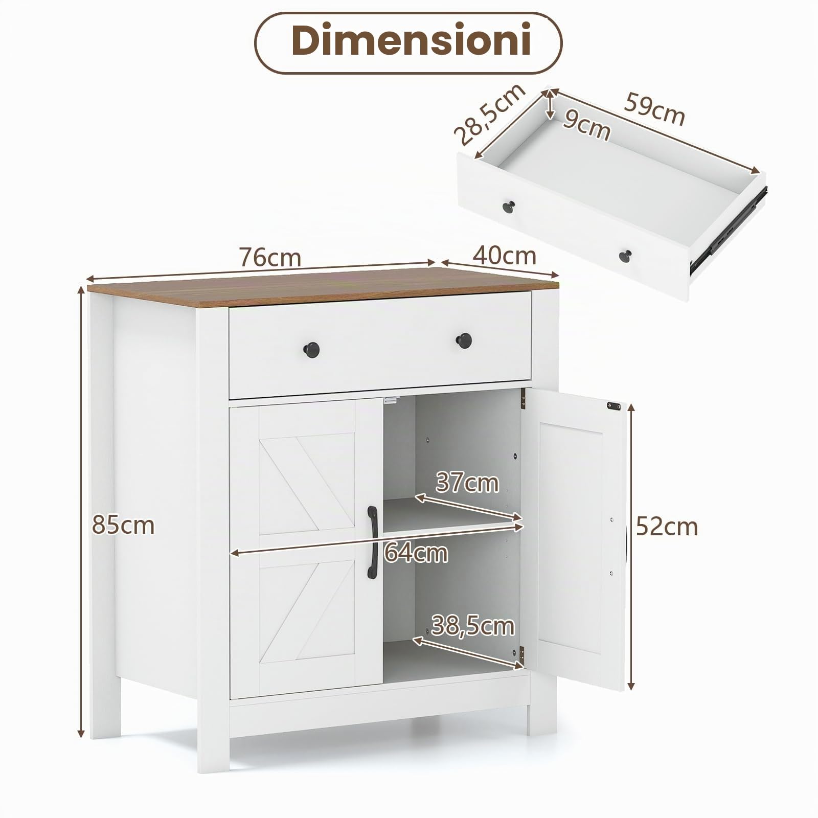 KOMFOTTEU Credenza Cucina con Ripiano Regolabile, 2 Ante e Cassetto