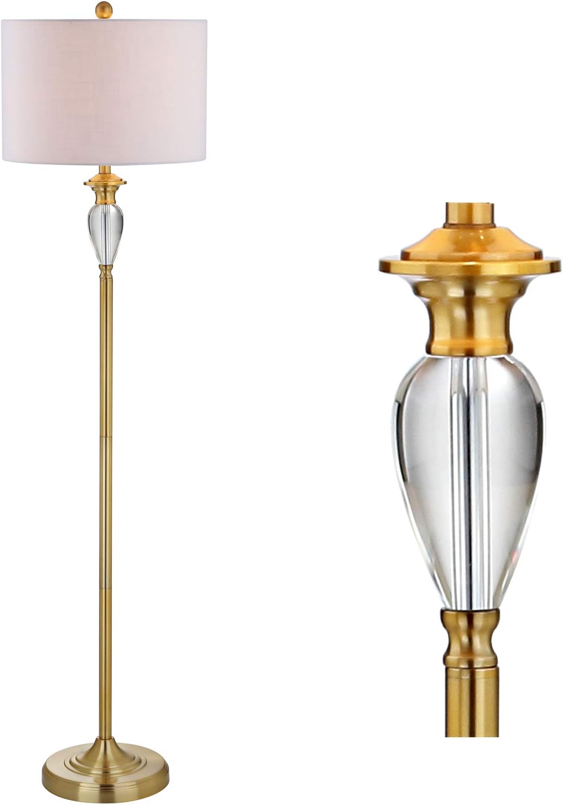 60" Brass Gold and Clear Crystal Floor Lamp, Transitional Metal Standing Light for Living Room Bedroom, White Linen Drum Shade, UL Listed, LED Bulb Included JYL2030A