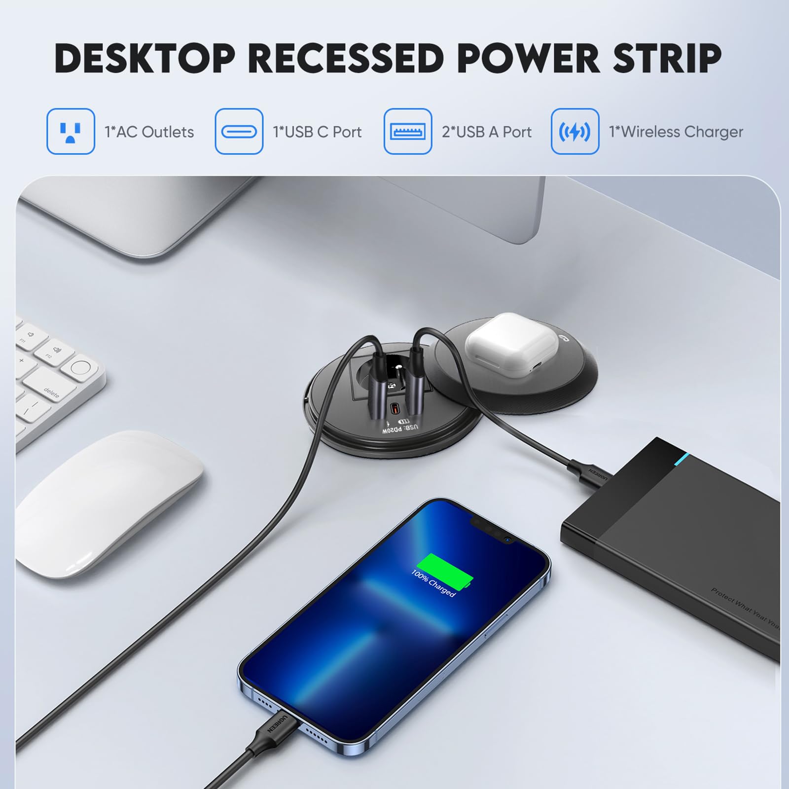 Prise de table escamotable ronde 80 mm avec couvercle, prise de type E (FR), USB-C PD 20 W et USB-A, charge sans fil 15 W, prise encastrée, noire, pour bureau et meubles, câble de 1,5 m