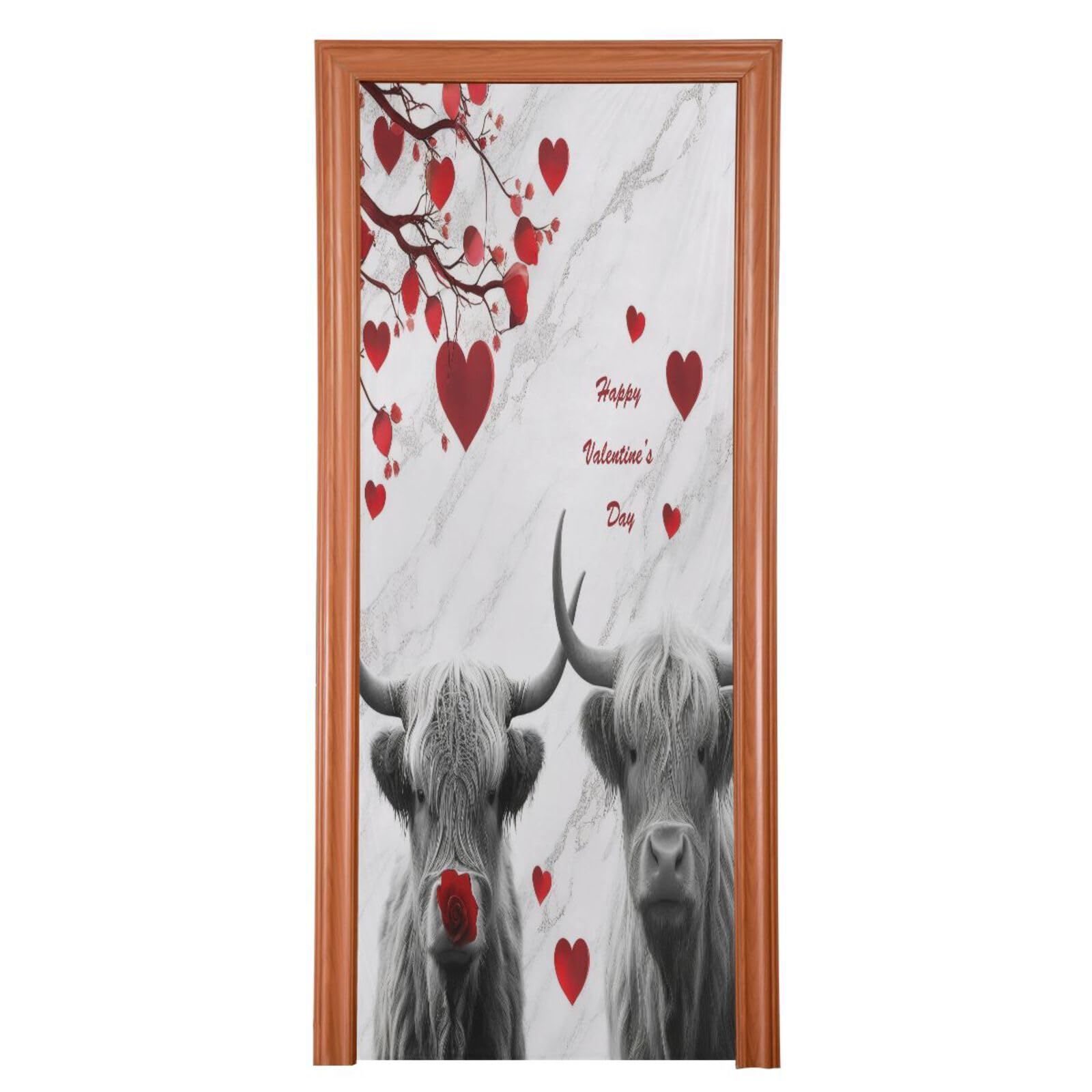 FLildon Highland Cows Valentine's Day Heart Tree Door Cover Decoration, Party Accessory Porch Decor for Festive Ornament Room Door Covers 32 x 79 Inch