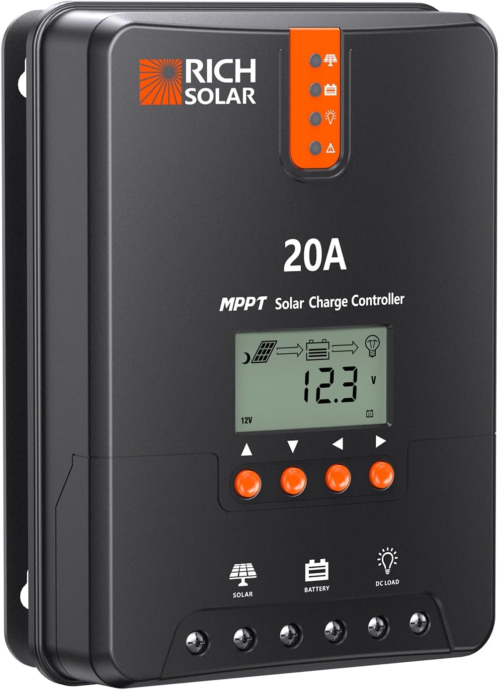 RICH SOLAR 20A MPPT Solar Charge Controller – High-Efficiency 12V/24V Auto Detection, 99% Tracking, Rugged Design for RVs, Boats & Off-Grid Systems