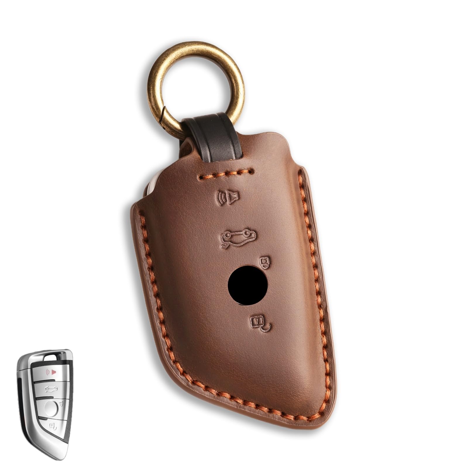 for BMW Key Fob Cover Compatible with BMW 2 3 4 5 6 7 Series M2 M3 M4 M8 X1 X3 X5 X6 X7 i4 ix 118i 228i 230i 530i 740i 840i 4 Button Smart Leather Car Key Protector Key Case Fob Chain/Brown