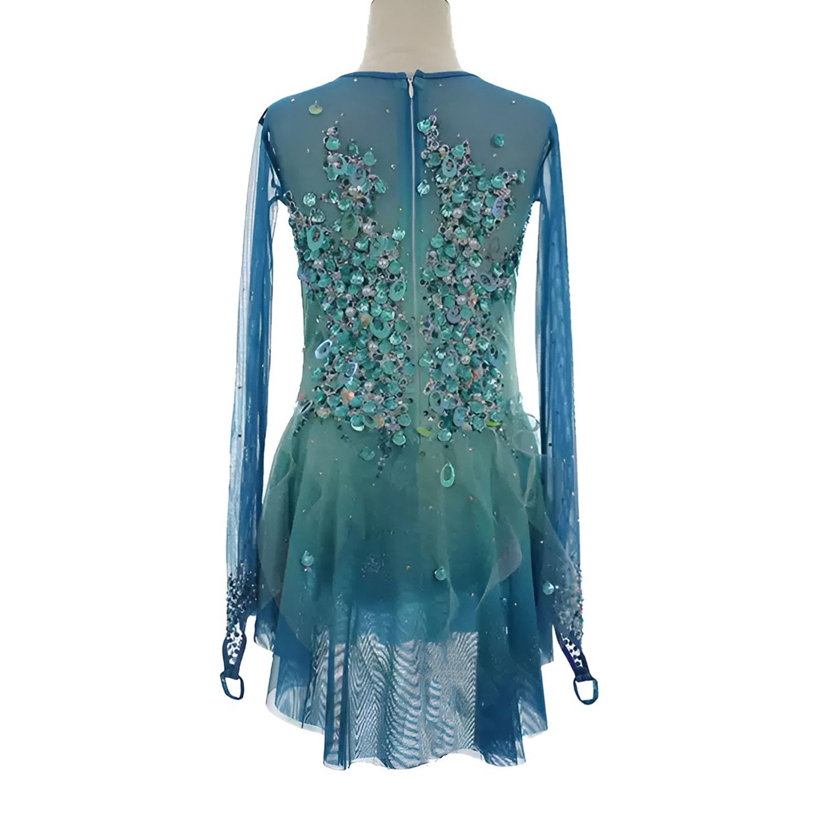 Long Sleeves Figure Skating Dress for Girls, Women’s High Elasticity Sparkly Ice Skating Dress for Competition(XX-Large) Blue