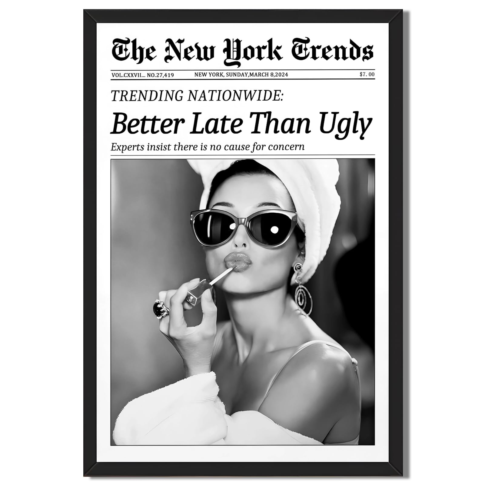 Photo 1 of Framed Better Late Than Ugly Wall Decor Vintage Newspaper Wall Art Black and White Fashion Poster Audrey Hepburn Chic Decor New York Trends Glam Quote Canvas Print for Bedroom Bathroom Dorm 8x12inch