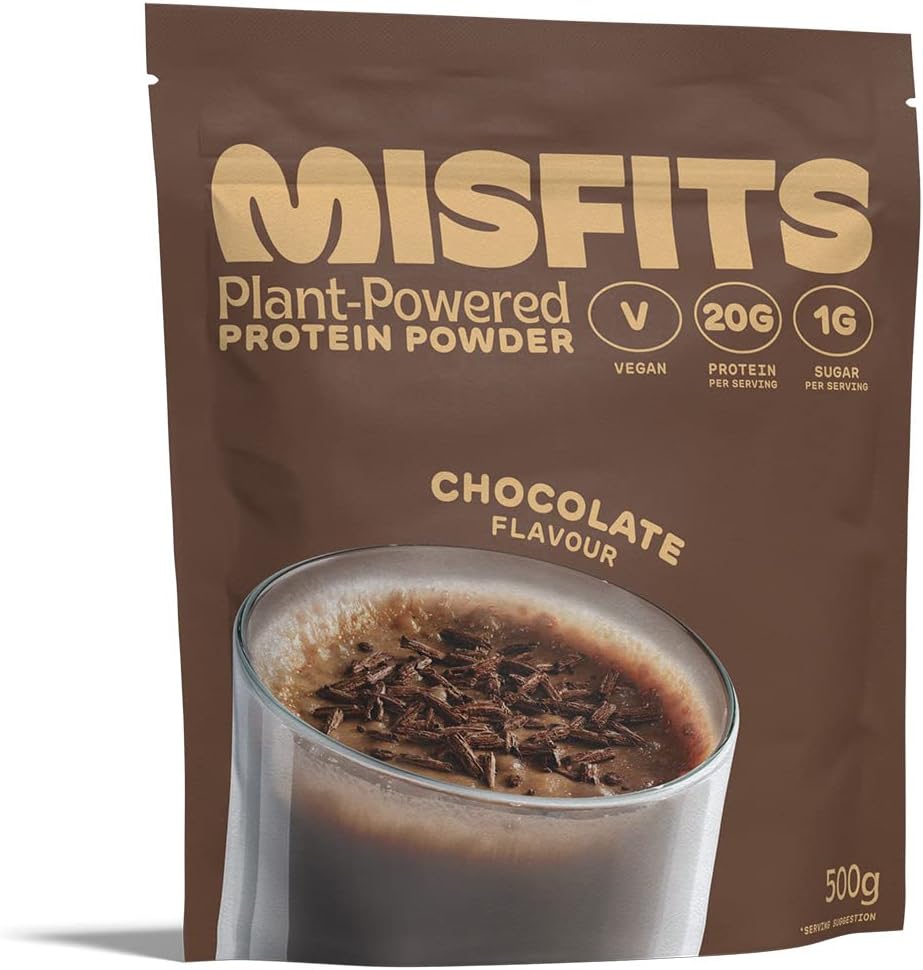 Misfits Vegan Protein Powder, Chocolate, 20g Of Protein, Low Calorie, No Added Sugar, Dairy Free, Plant Based Protein Shake, Plastic Free Packaging, 500g
