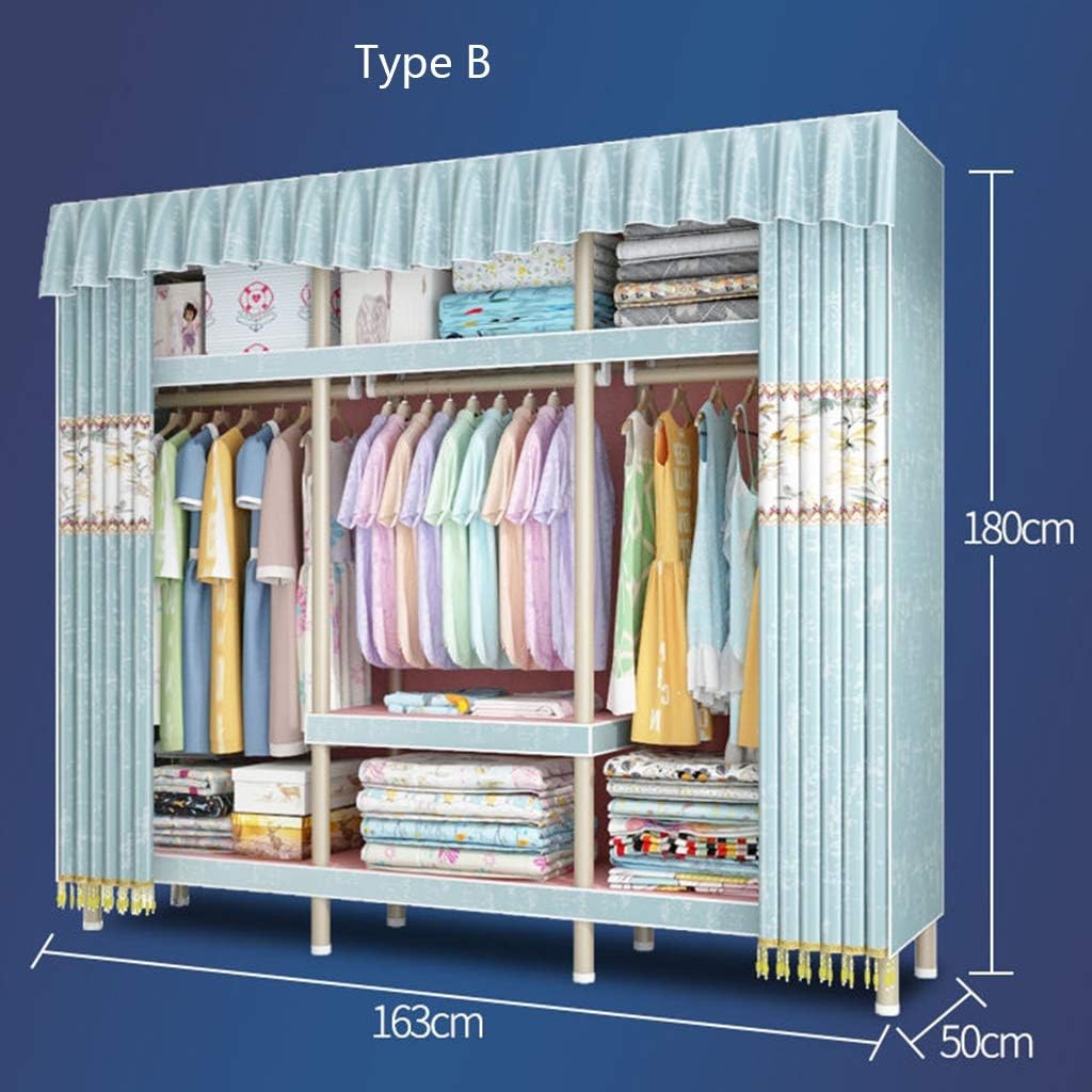 Foldable Closets Cloth Wardrobe—Double Mobile Open Wardrobe with Clothes Hanging Rails Storage Shelves Organizer Bedroom Furniture (Multi-Color) (Yellow Type B)