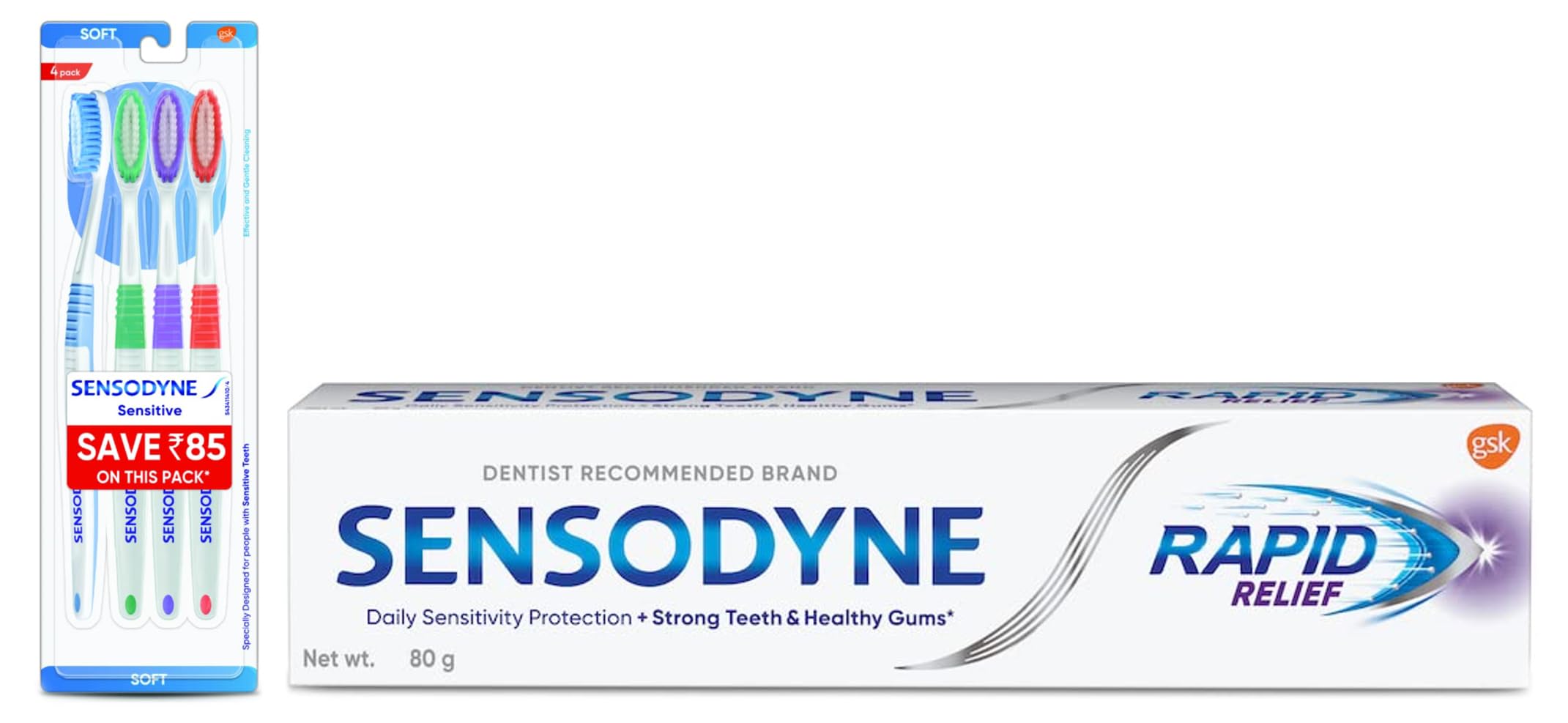 Sensodyne Toothpaste Rapid Relief, Sensitive tooth paste to help beat sensitivity fast, 80 gm & Sensodyne Sensitive Manual Toothbrush with Soft Bristles for adult Pack - 4 Pieces,Multicolor