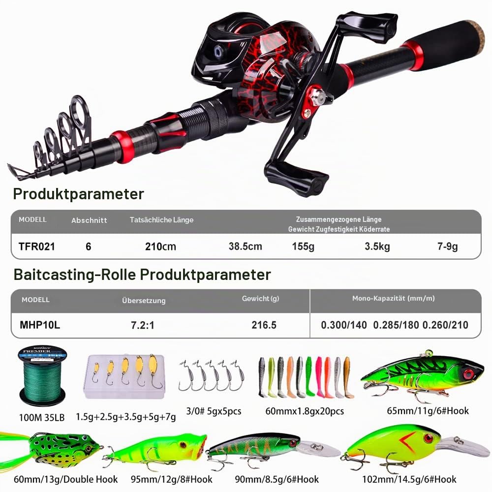 Angelrute und Rolle Combo, 2,1 m Kohlefaser Teleskop Angelrute mit Spinning/Baitcasting Reel Combos, Meer Salzwasser Süßwasser EIS Barsch Angelgerät Set Angelruten Kit