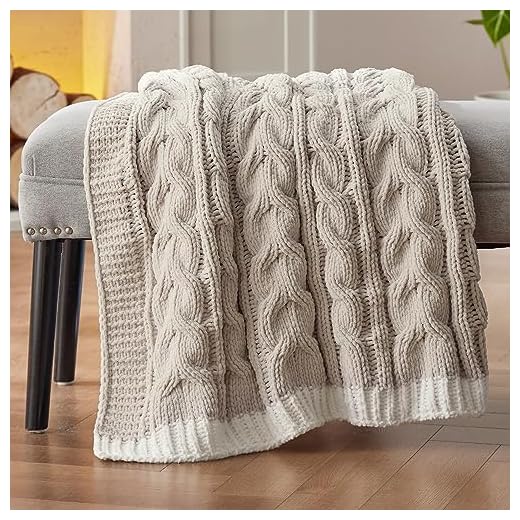 Bedsure Cable Knitted Throw Blanket for Couch, Chenille Chunky Knit Throw Blanket - Soft and Cozy Beige Christmas Blanket for Winter, Throw (50" x 60")