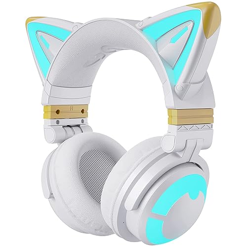 YOWU Cat Ear Headphones 3G, RGB Wireless/Wired 5.0 Foldable Gaming Headset with 7.1 Surround Sound, Built-in Mic & Customizable Lighting and Effect via APP, Type-C Charging Audio Cable(White) - 3G - White