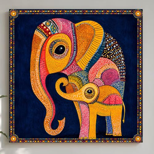 Image of PAINTINGMANTRA Gond Art of Elephants Wall Decor Print Multicolor | Canvas Painting Stretched on Wood | Suits For Living Room, Bedroom, Hallways (22x22 Inch)