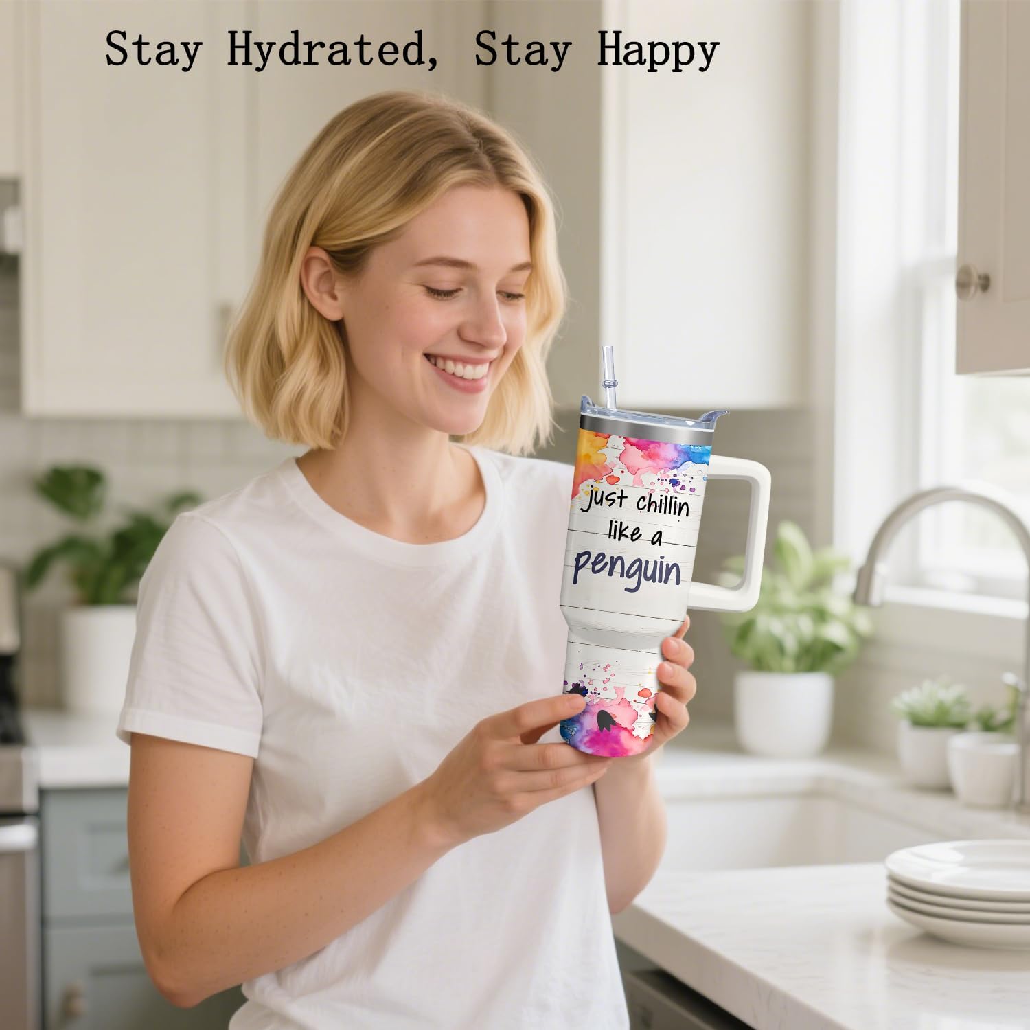 40oz Penguin Tumbler with Handle and Straw, Stainless Steel Insulated Cup with Lid and Straw, Travel Coffee Mug Water Bottle, Birthday Mothers Day Gifts for Women Men Animal Lovers - Image 7