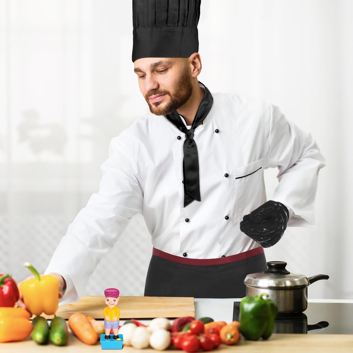 Yahenda 5 Pcs Hibachi Chef Costume Set Hibachi Chef Hat and Apron Japanese Tie BBQ Gloves Teppanyaki Boy Squirter