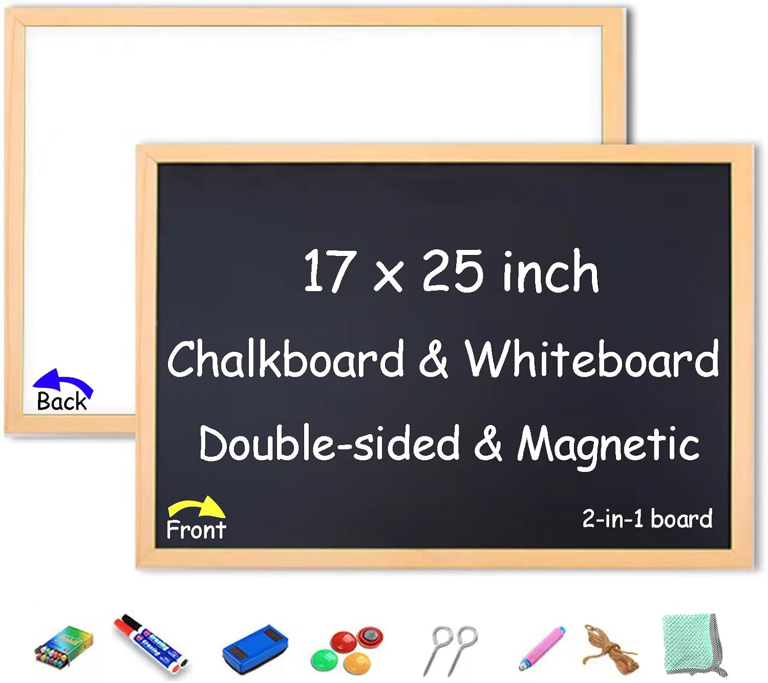 Magnetic Chalkboard 17x25 Double-Sided Chalkboard and Whiteboard 2-in-1 Hanging Wall Wood Framed Decor Blackboard and Dry Erase Whiteboard for Kids, Home, Restaurant 26"W x 17"H