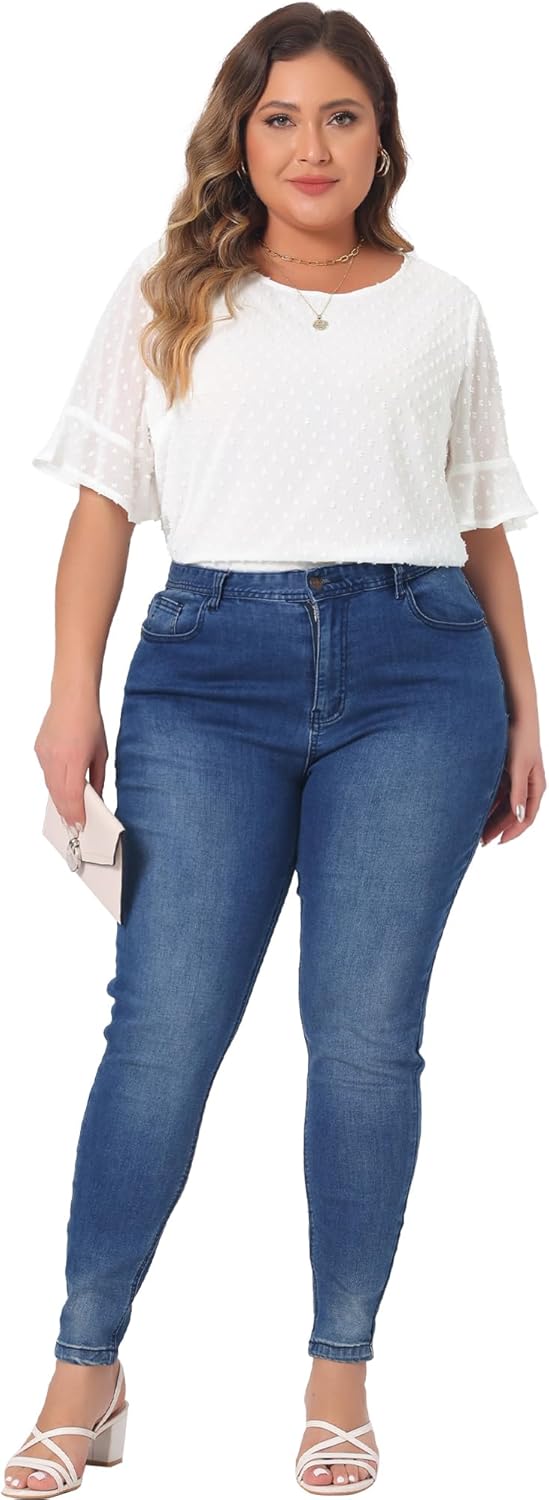 Agnes Orinda Plus Size Top for Women Round Neck Ruffle Sleeve Swiss Dots Tee Shirt Tops 2024 Summer Blouse - Image 3