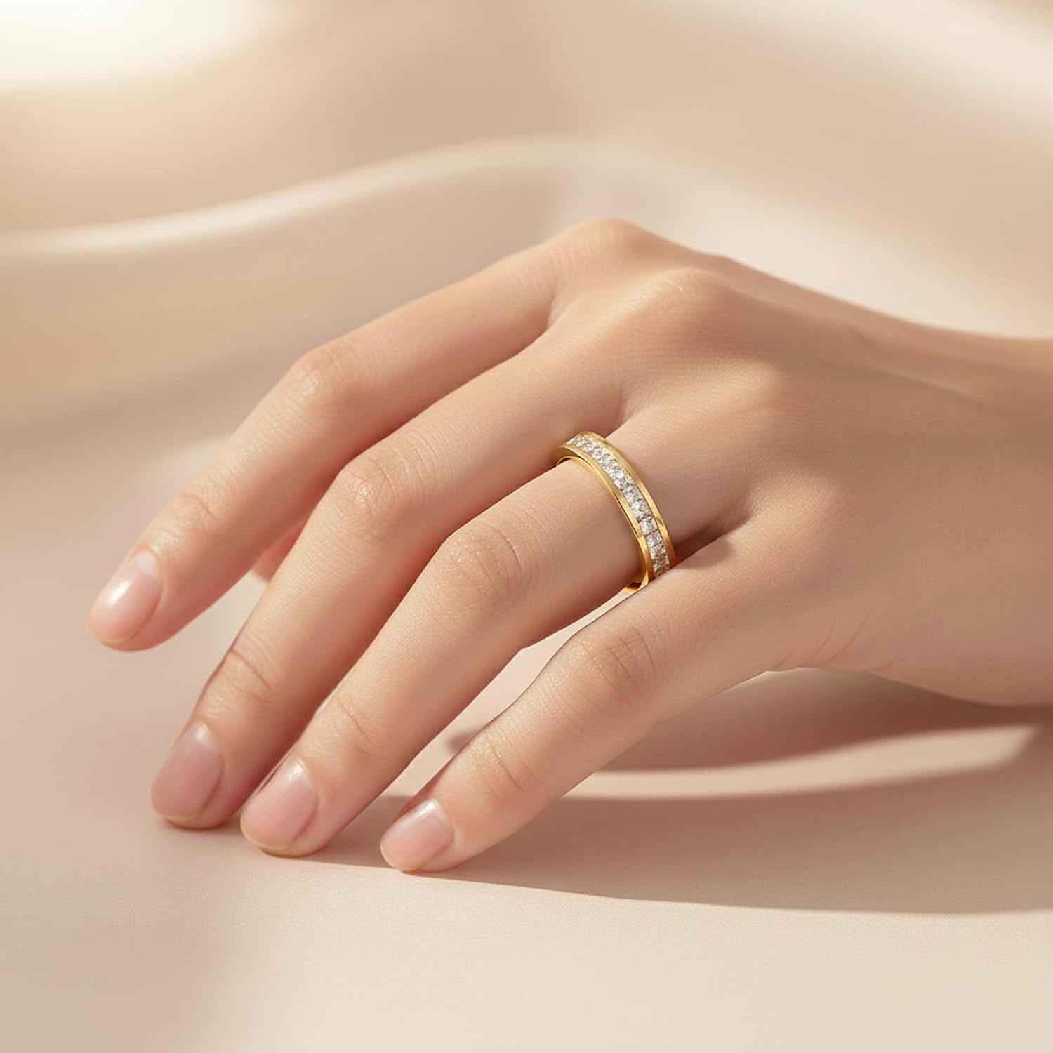 OApier Plated Titanium Steel Eternity Ring for Women, 4mm Comfort Fit Wedding Band, Minimalist Stackable Promise Ring, Durable Hypoallergenic CZ Inlay Band, Sizes 5-10 - Image 4