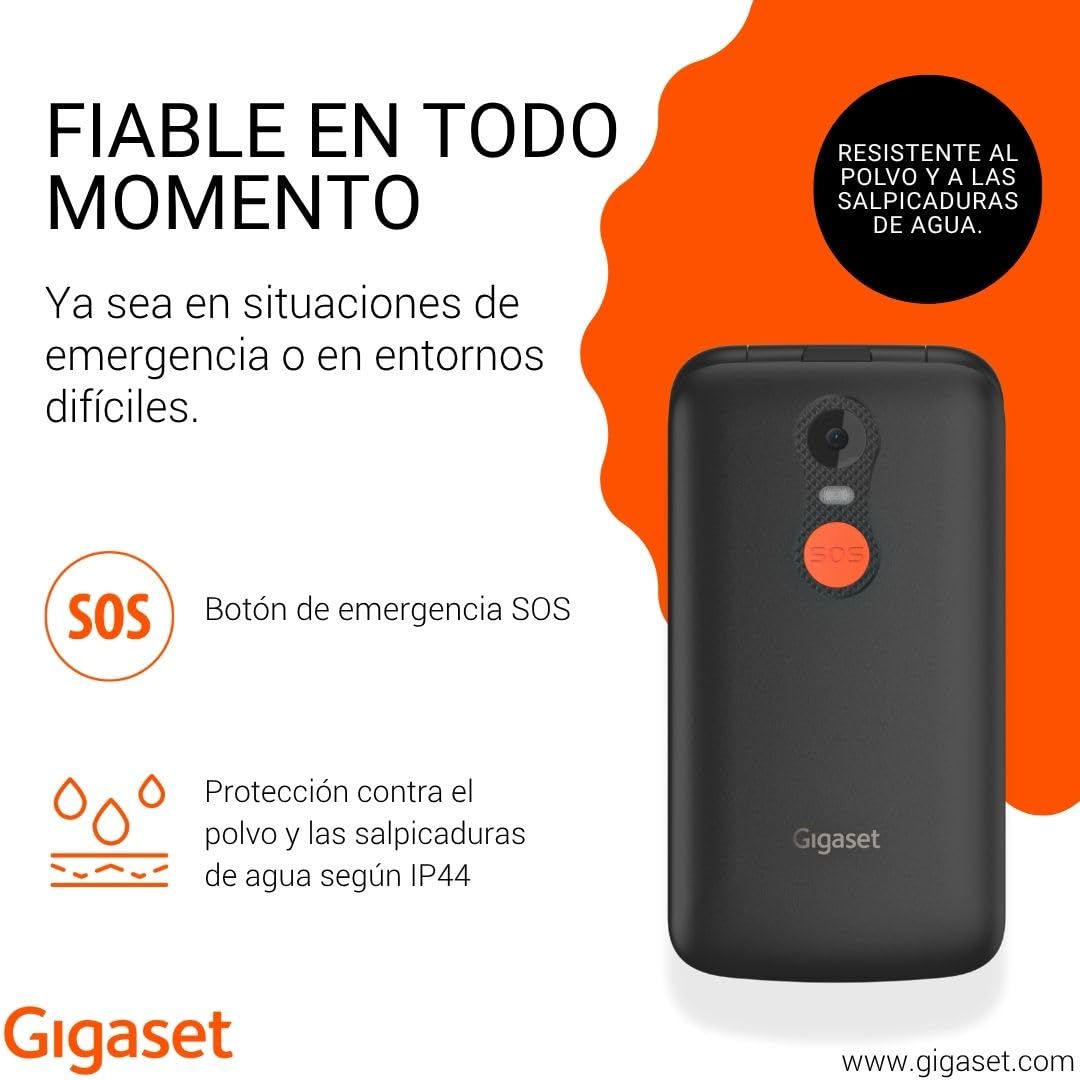 Gigaset GL595 Flip Móvil para Personas Mayores, Botón SOS, Negro | Teclas grandes, resistente a polvo y salpicaduras, sin contrato, pantalla TFT