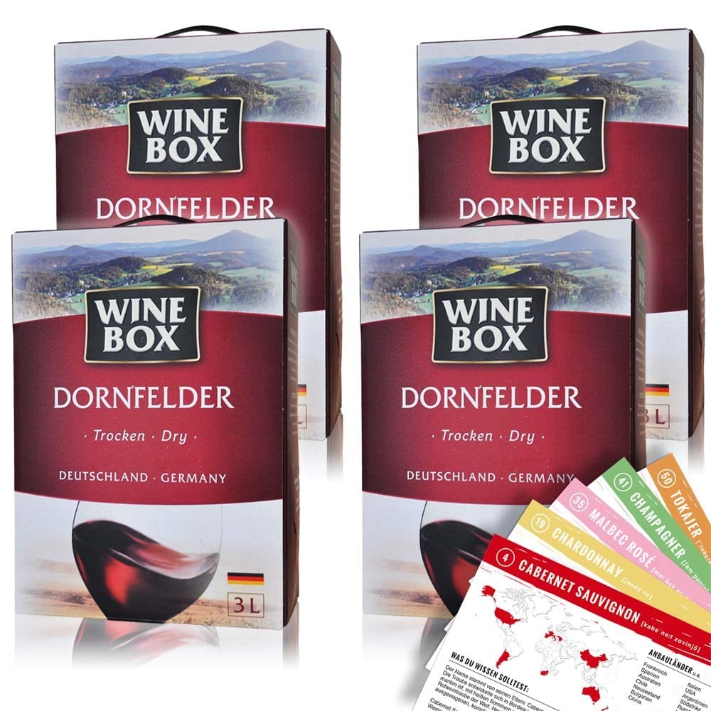 Wine Box Dornfelder, trocken, Bag-in-Box, sortenreines Weinpaket + VINOX Winecards (4x3,0l)