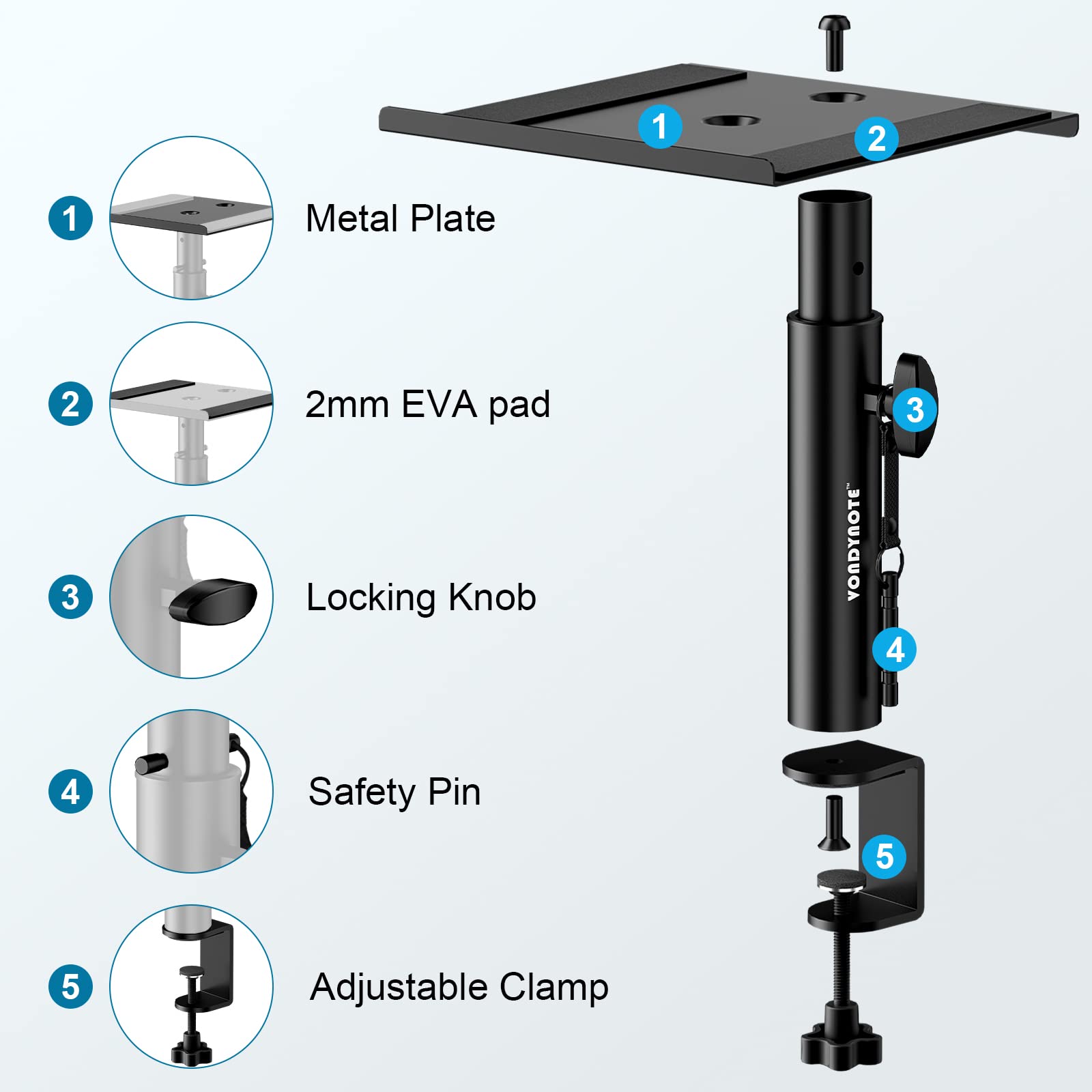 Vondynote Set di 2 supporti per monitor da studio da tavolo con morsetto per altoparlanti contro la parete